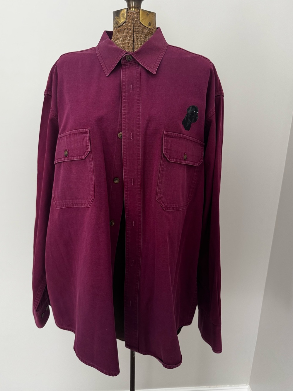 Cabela’s Burgundy Button Down Shirt Embroidered Black Lab Cotton Shacket Large